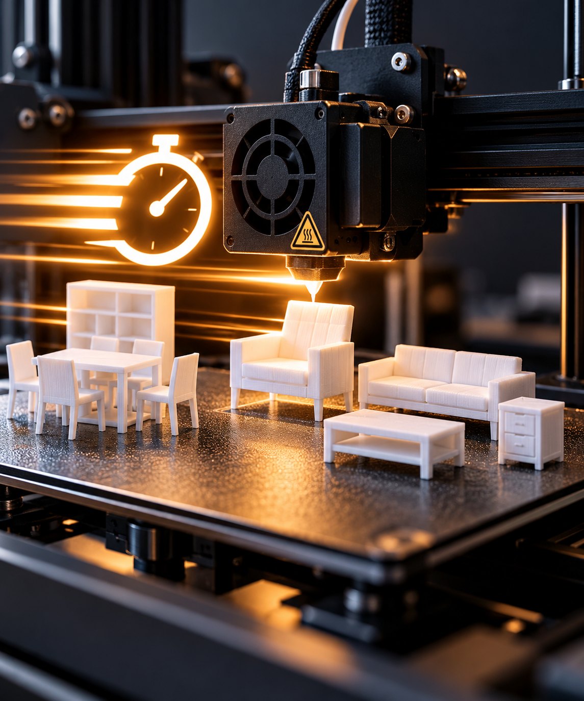 Impresora 3D fabricando muebles miniatura con prioridad de producción para Escala 1:3D